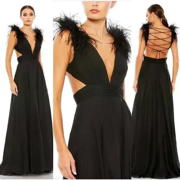 NWT Mac Duggal PLUNGE NECK OSTRICH FEATHER LACE OPEN BACK GOWN BLACK SZ 4 - Picture 1 of 7